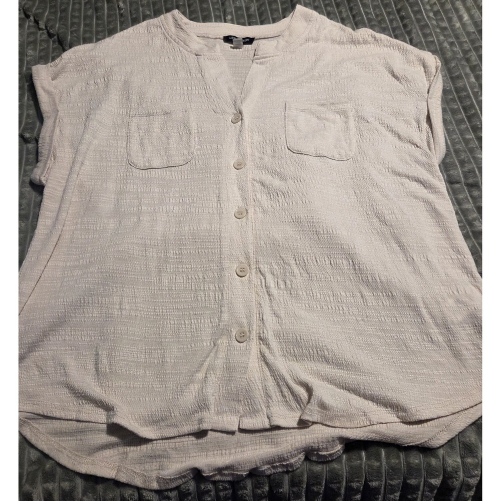 Cable & Gauge Blouse Top XL Beige Textured Button Front Short Sleeve Normcore